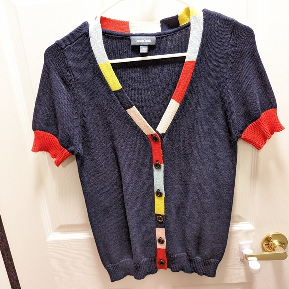 Modcloth 100% Cotton Collegiate Multicolor Navy Blue V-Neck Sweater - Picture 3 of 16
